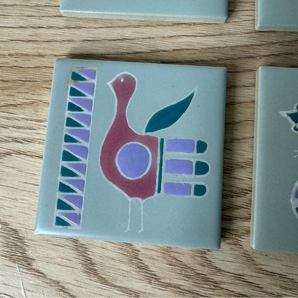 Southwestern Native American Petroglyph Style Tile Coasters Pastel Made In Japan - Picture 5 of 8